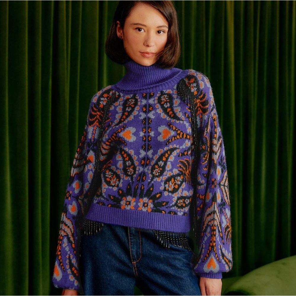 Farm Rio Blue Martina Scarf Sequin Embroidered Knit Cardigan sz S